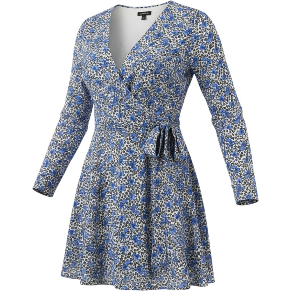 Express Blue Floral Metallic Stripe Long Sleeve V-Neck Tie Waist Mini Dress M